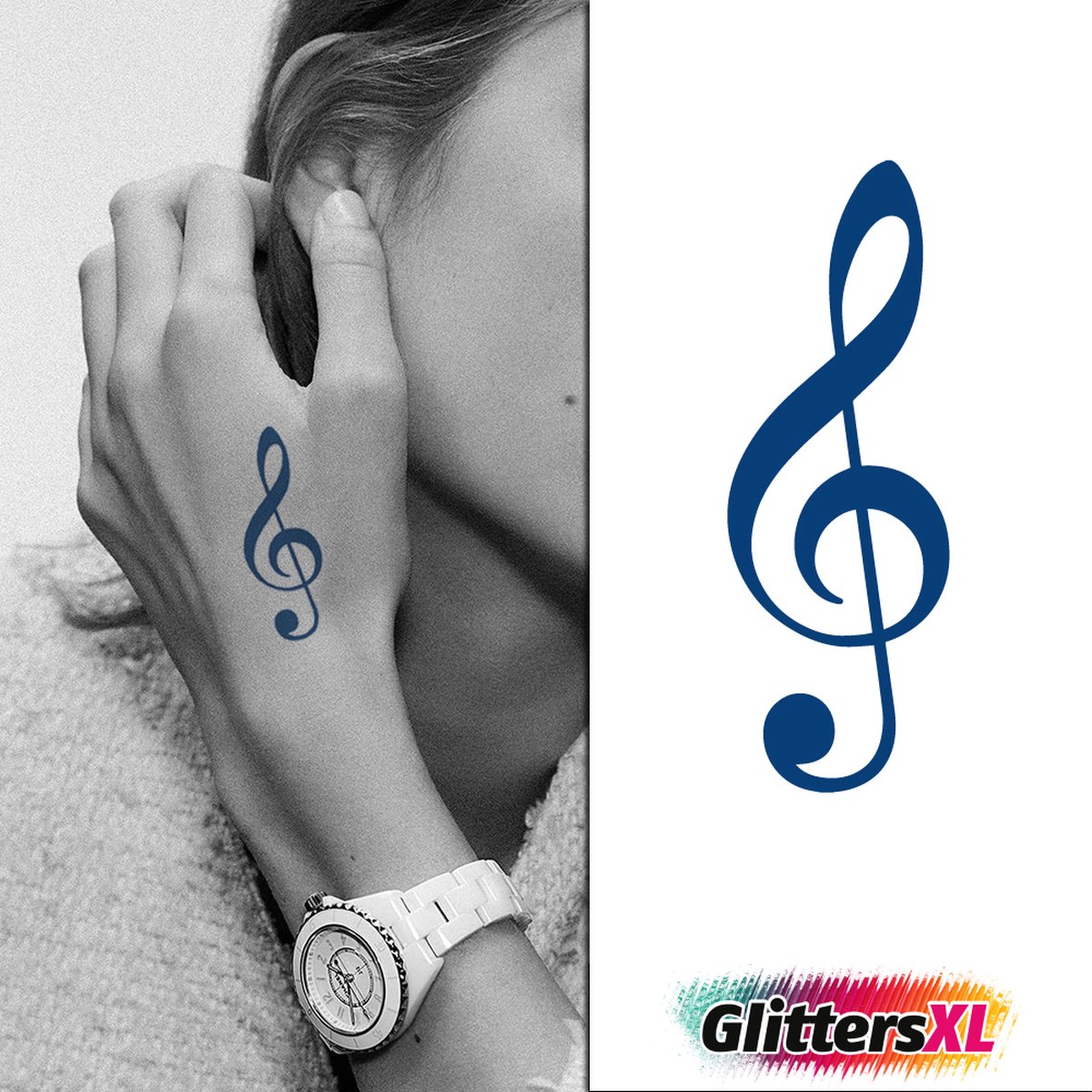 GlittersXL - Temporary Tattoo Muzieknoot (6x6 cm) [Semi-Permanente Neptattoo - Tijdelijke tatoeage - Nep Fake Tattoos - Water overdraagbare festival sticker henna outfit tattoo - Glitter tattoo - Volwassenen Kinderen Jongen Meisje]